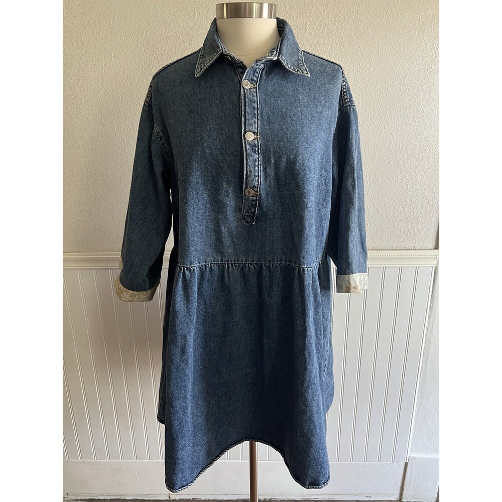 H&M Women’s Denim Shirt Dress Short Sleeved Collared Knee Length Oversized Large